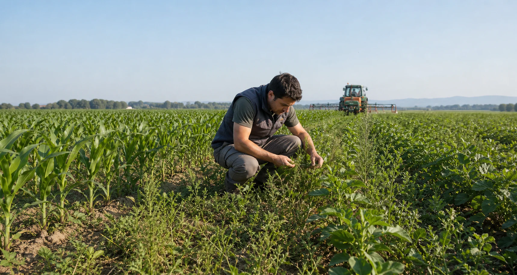 Técnico revisando malas hierbas entre líneas de cultivo antes de un tratamiento herbicida
