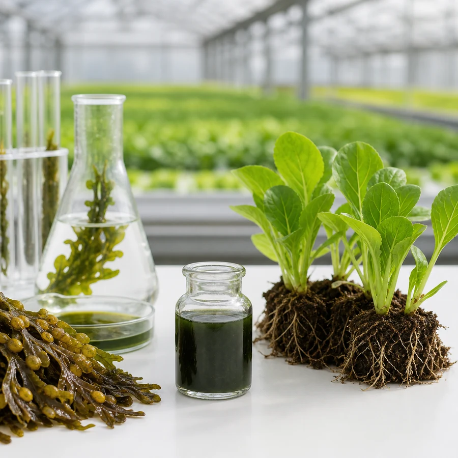 Ilustración editorial de investigación agrícola con algas para Tilco-Alginure GmbH