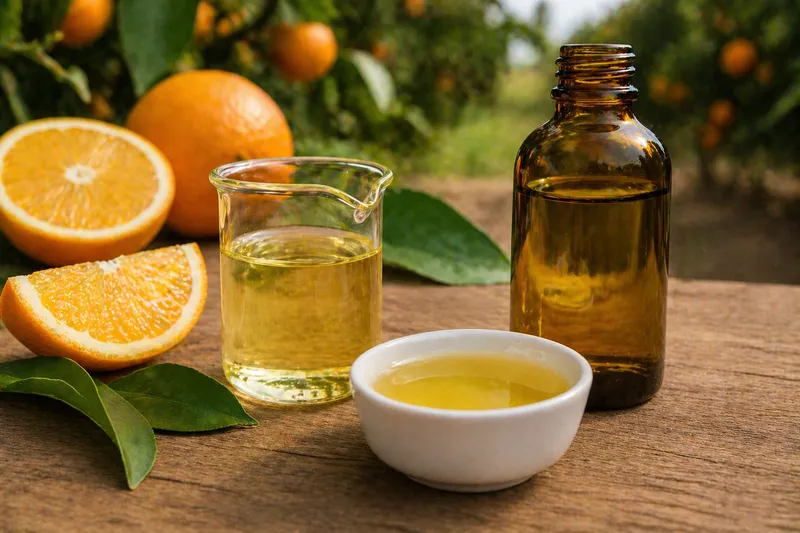Imagen tecnica editorial de aceite de naranja en laboratorio
