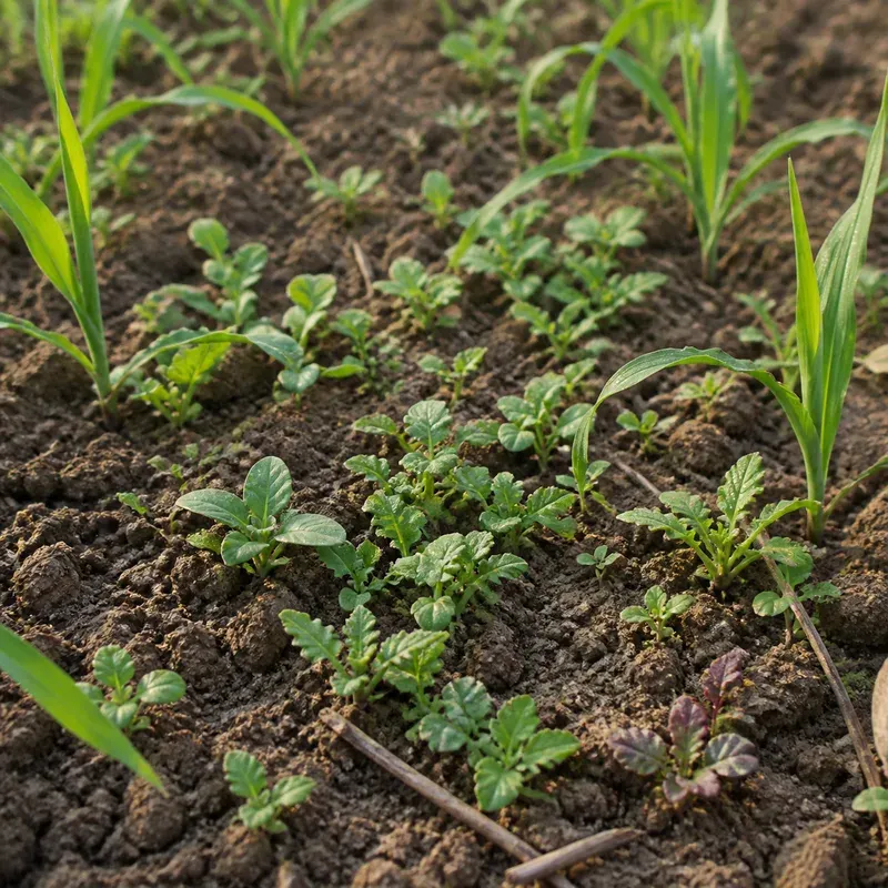 Representación editorial de malas hierbas dicotiledóneas anuales entre líneas de cultivo