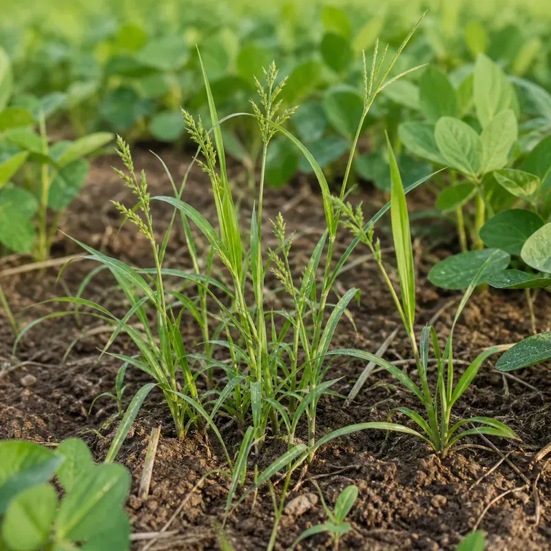 Representación editorial de malas hierbas gramíneas anuales en un cultivo