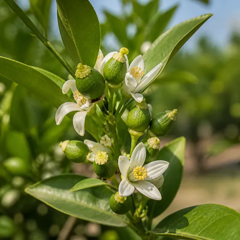 Representación editorial de flores y frutos recién cuajados en un cultivo