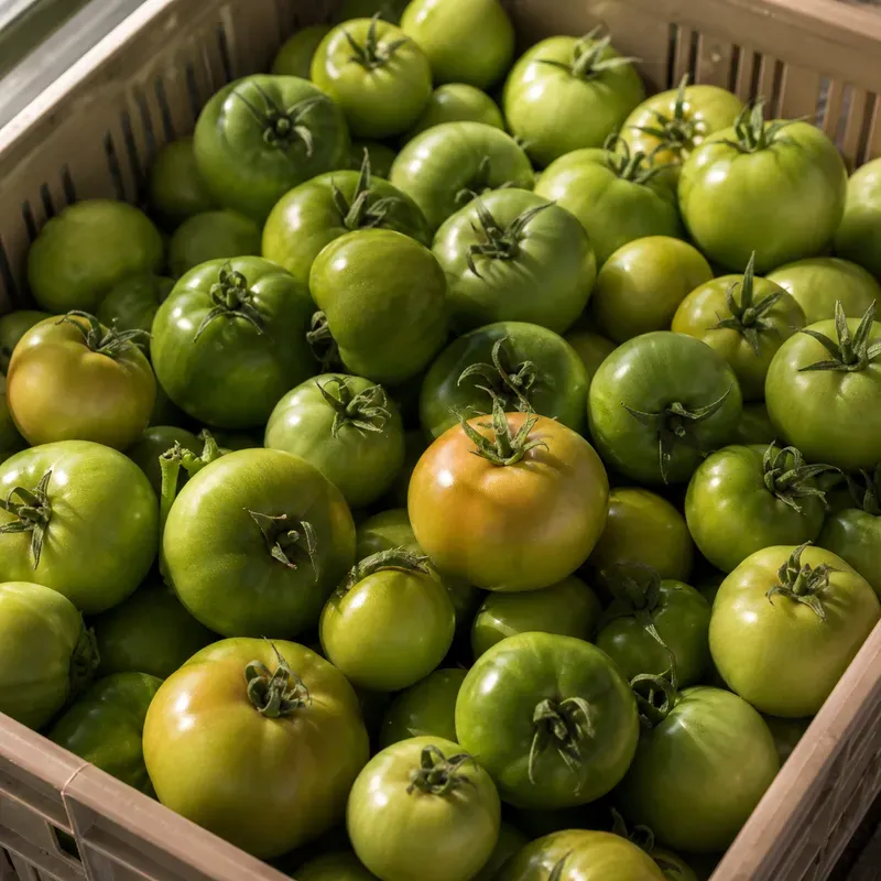 Representación editorial de frutos recolectados aún verdes en almacenamiento
