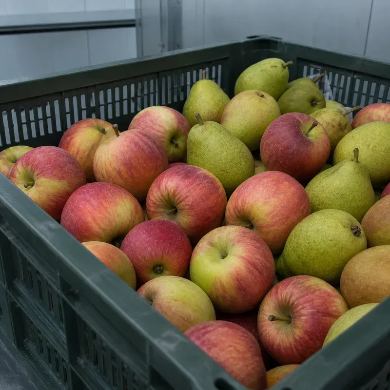 Representación editorial de fruta de pepita almacenada