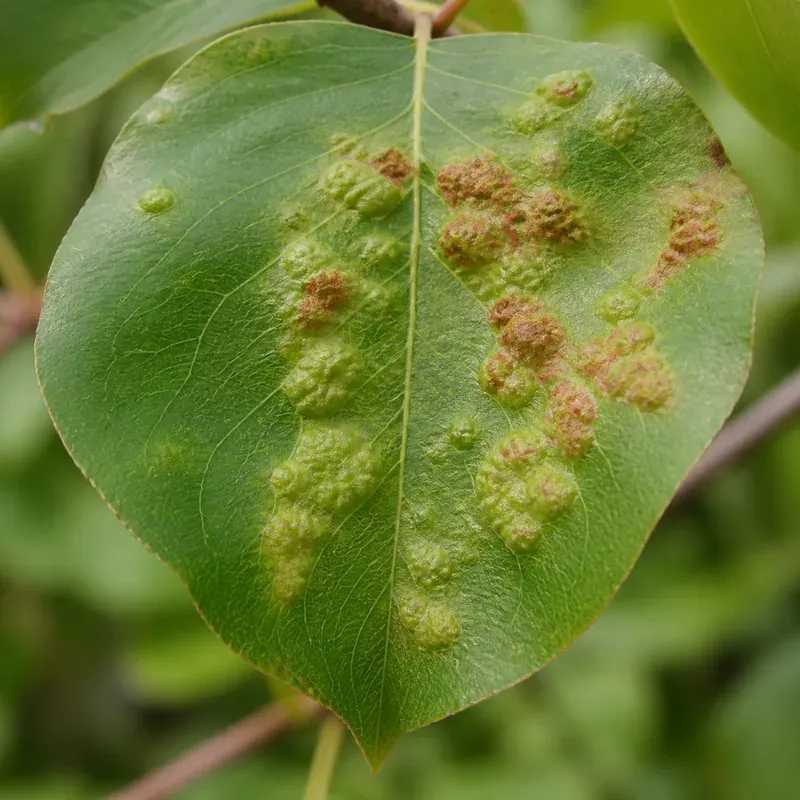 Representación editorial de síntomas compatibles con erinosis del peral por Eriophyes pyri