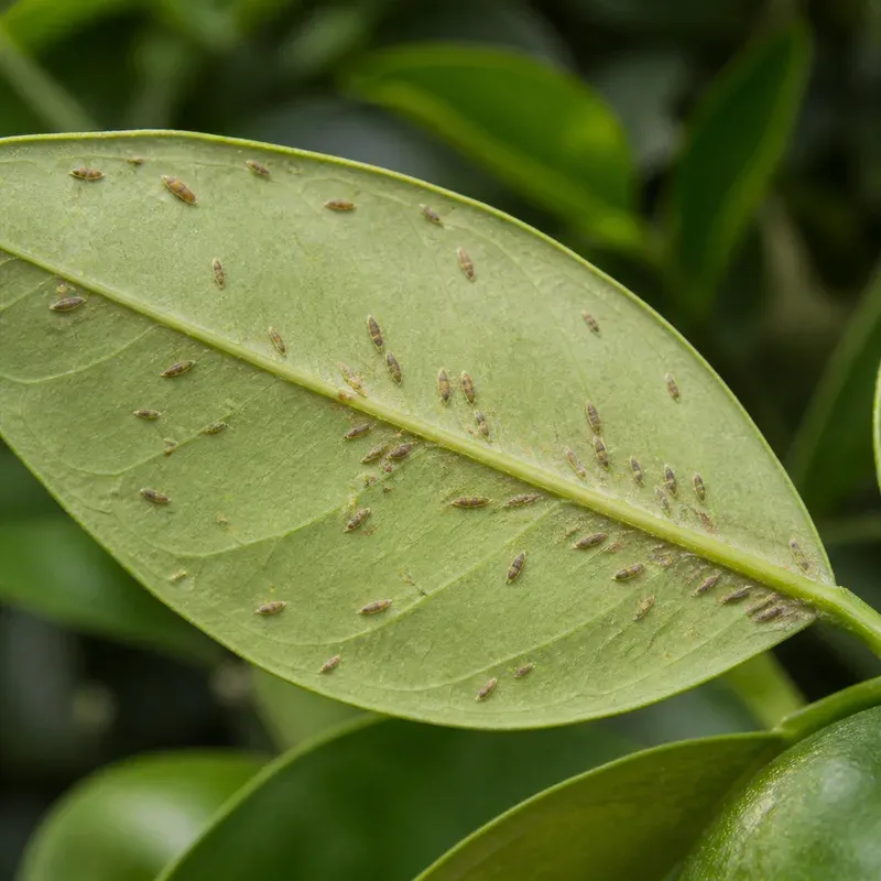 Representación editorial de Lepidosaphes gloverii en el envés de una hoja de cítrico