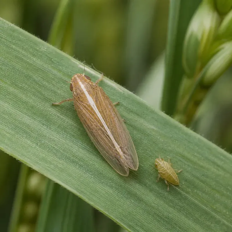 Representación editorial de Laodelphax striatellus sobre una hoja de cereal