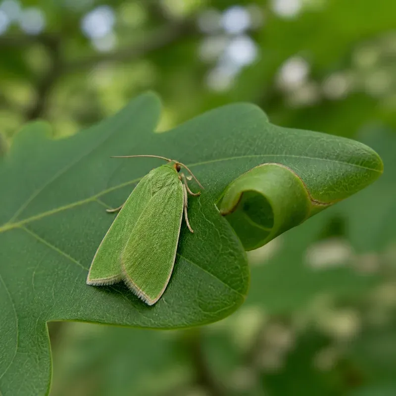 Representación editorial de Tortrix viridana sobre una hoja de roble