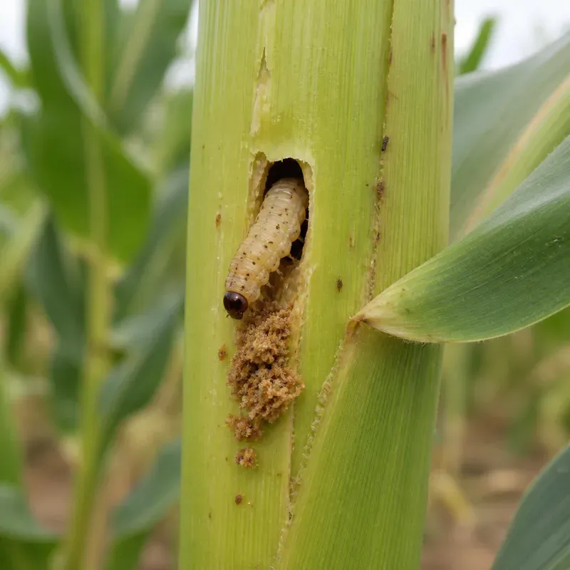 Representación editorial de una larva de Ostrinia nubilalis en un tallo de maíz