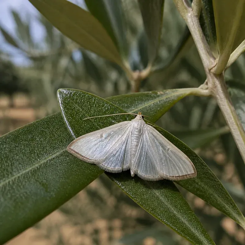 Representación editorial de Palpita vitrealis sobre una hoja de olivo