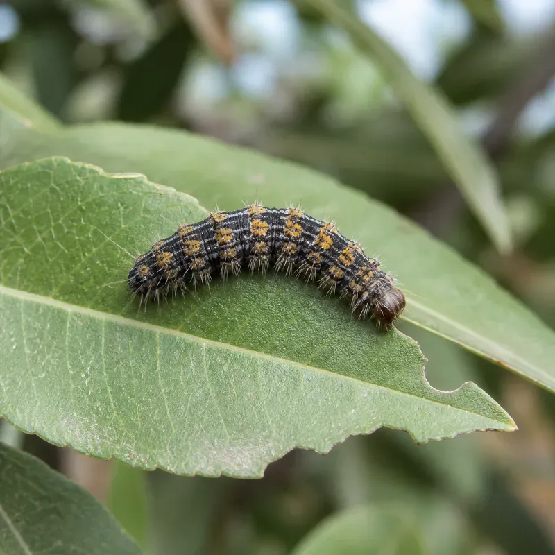 Representación editorial de una larva de Aglaope infausta sobre una hoja de almendro