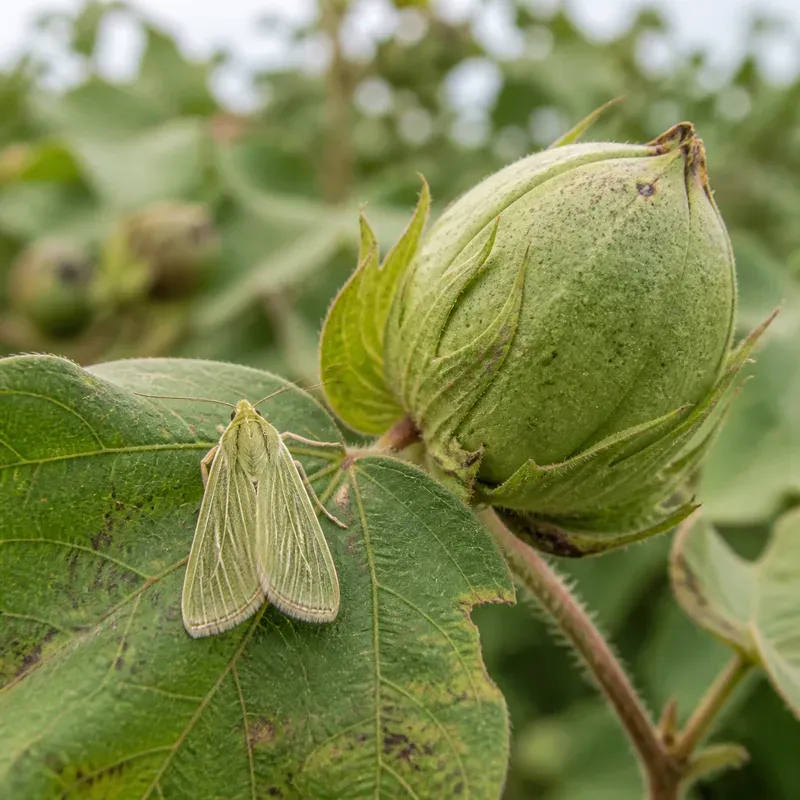 Representación editorial de Earias insulana sobre una planta de algodón