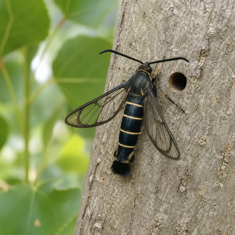 Representación editorial de Paranthrene tabaniformis sobre corteza de chopo