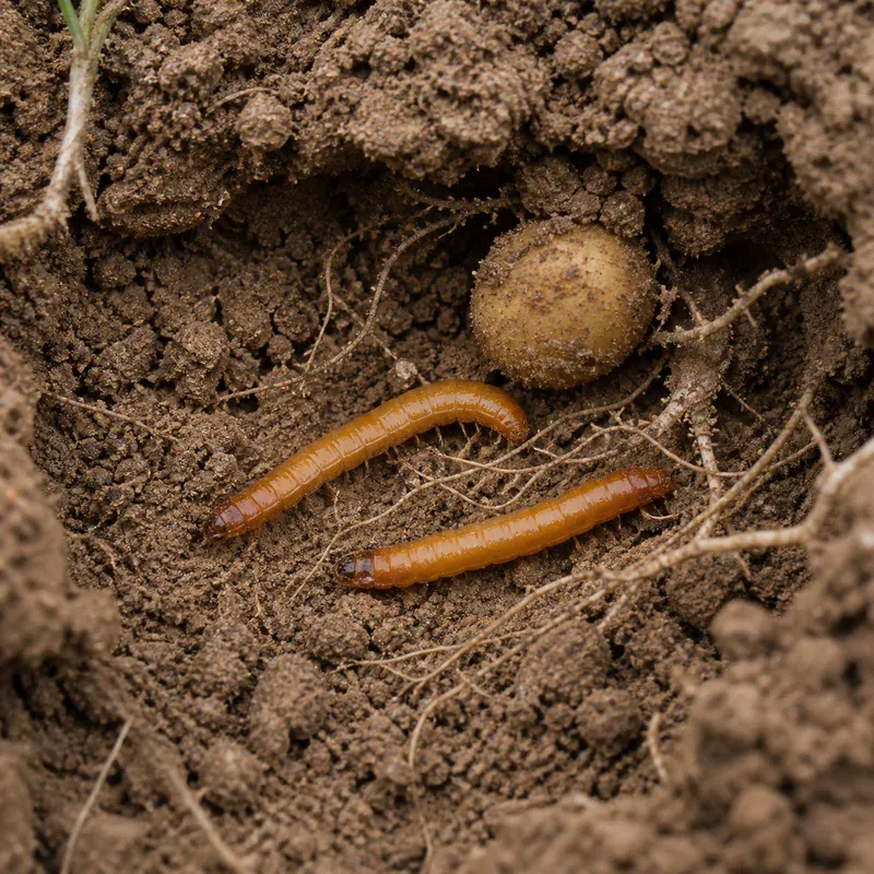 Representación editorial de larvas de Agriotes spp. en suelo agrícola