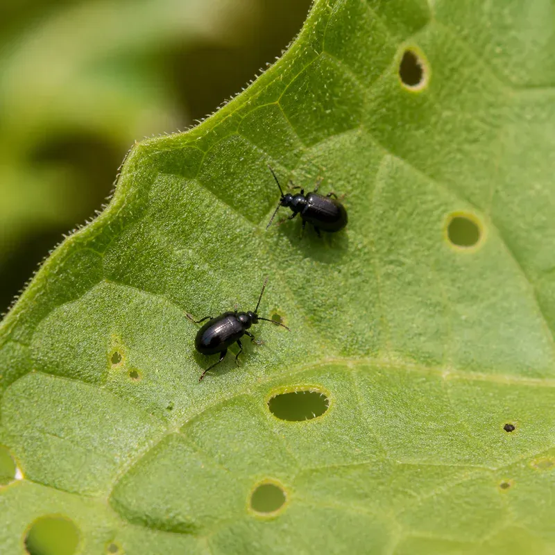 Representación editorial de Epitrix spp. sobre una hoja de patata