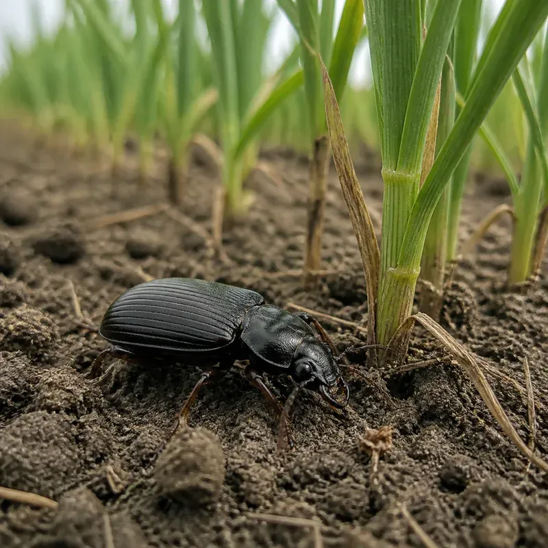Representación editorial de Zabrus tenebrioides al pie de plantas de trigo