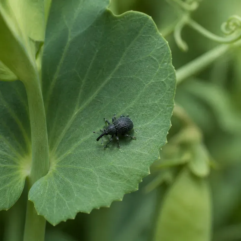 Representación editorial de Holotrichapion pisi sobre una hoja de guisante