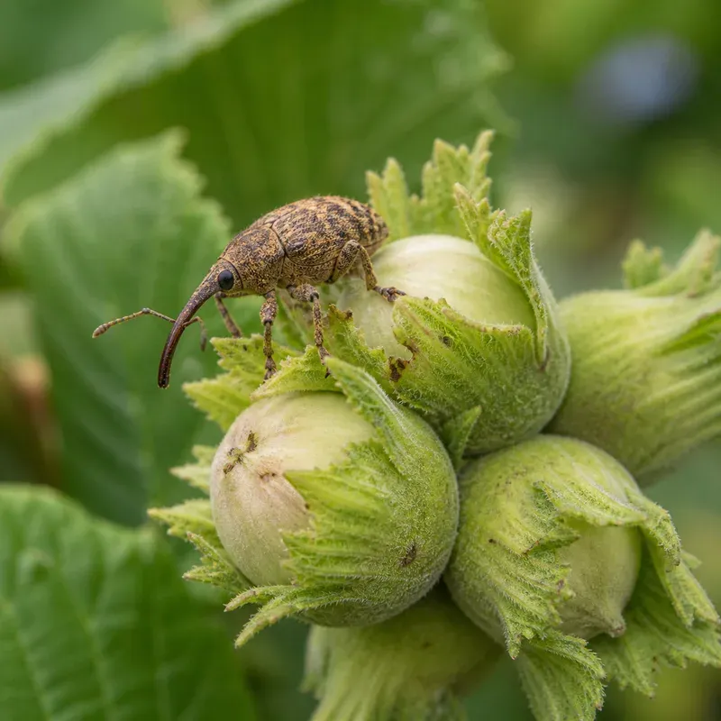 Representación editorial de Curculio nucum sobre avellanas