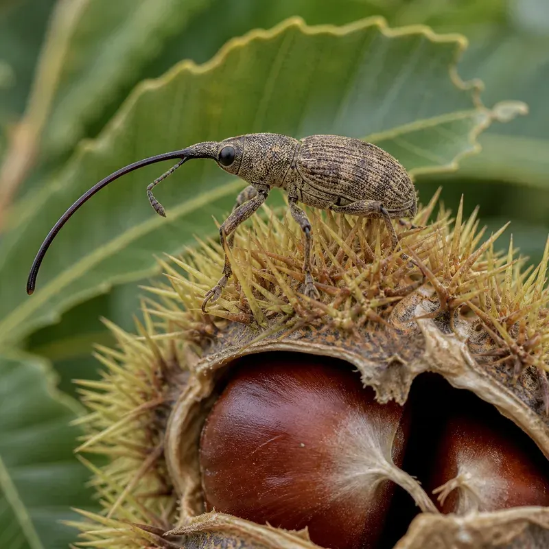 Representación editorial de Curculio elephas sobre una castaña