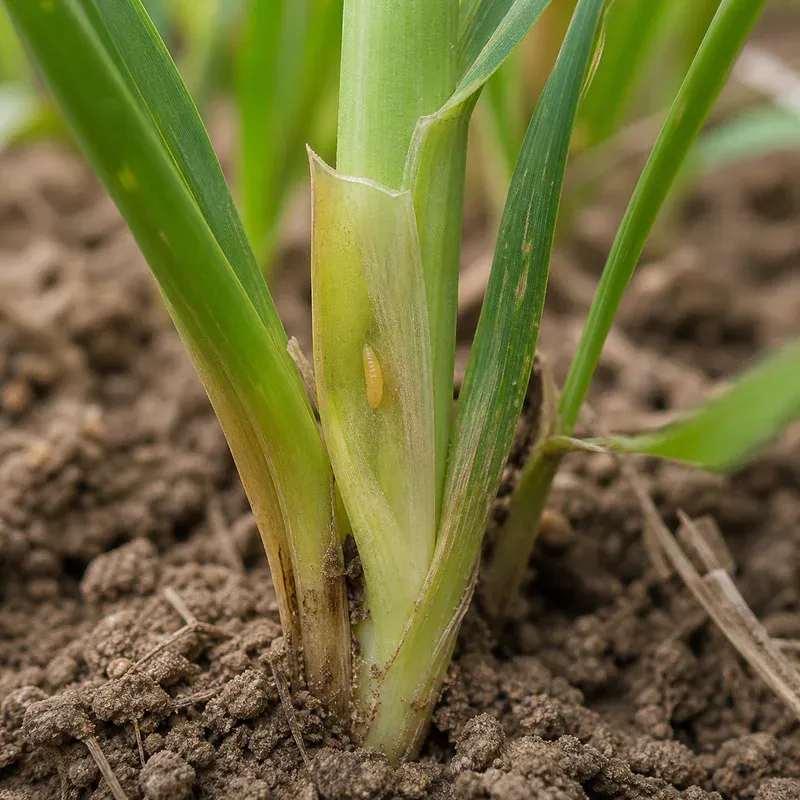 Representación editorial de síntomas y una larva compatibles con Mayetiola spp. en trigo