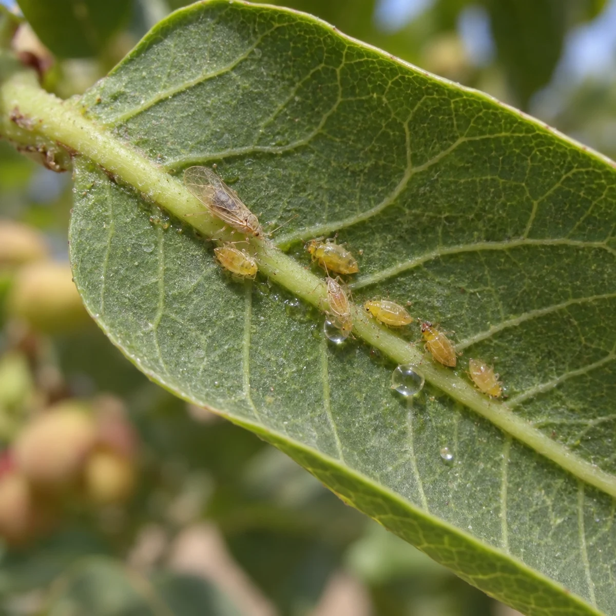 Representación editorial de psilas del pistacho (Agonoscena spp.) sobre una hoja de pistachero