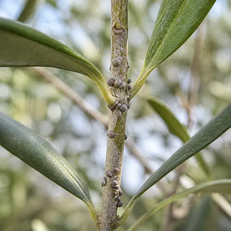 Representación editorial de síntomas compatibles con Pollinia pollini en olivo