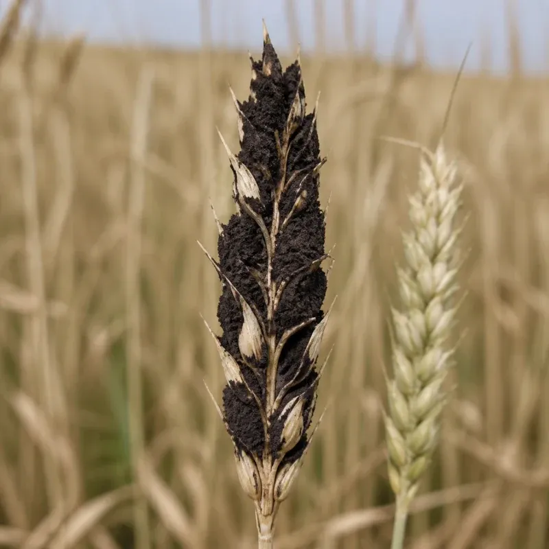 Representación editorial de síntomas compatibles con carbón por Ustilago spp. en cereal
