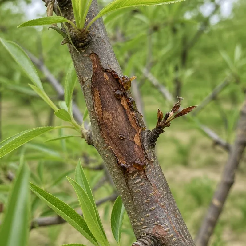 Representación editorial de síntomas compatibles con chancro por Diaporthe amygdali en almendro