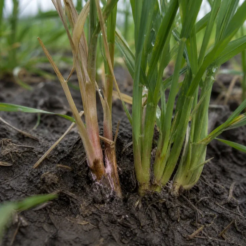 Representación editorial de síntomas compatibles con Microdochium nivale en cereal