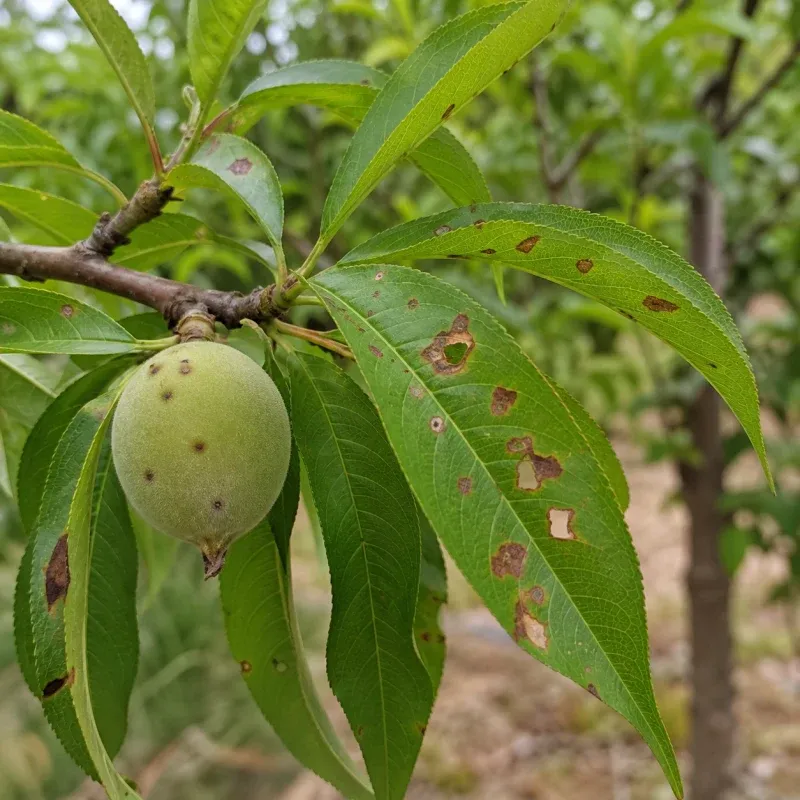 Representación editorial de síntomas compatibles con Xanthomonas arboricola pv. pruni en frutal de hueso