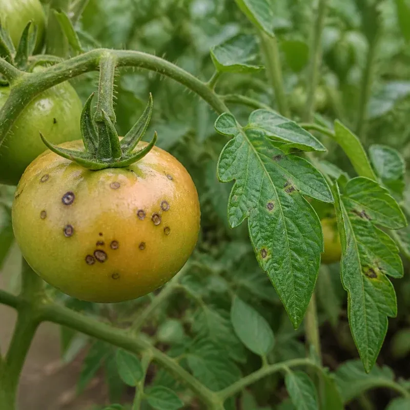 Representación editorial de síntomas compatibles con mancha bacteriana en tomate