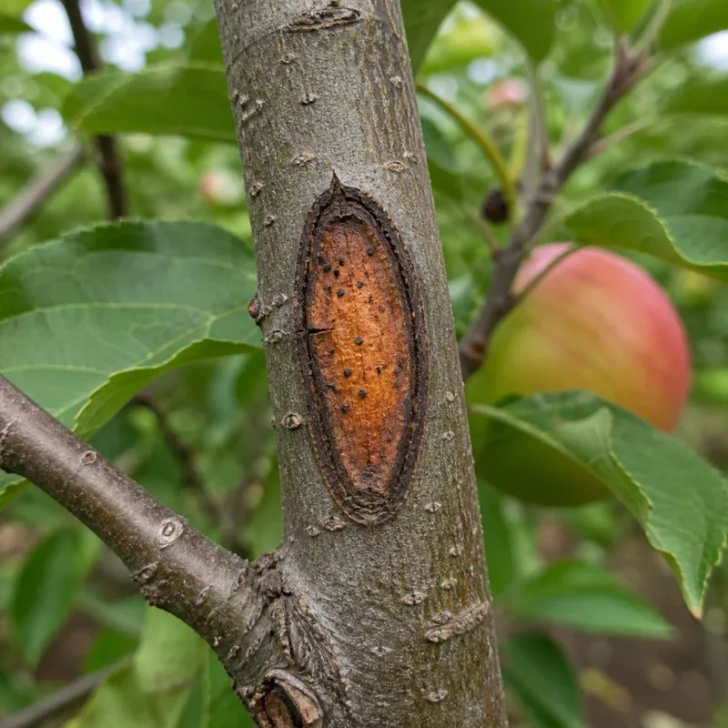 Representación editorial de una podredumbre compatible con Pezicula spp. en fruta de pepita