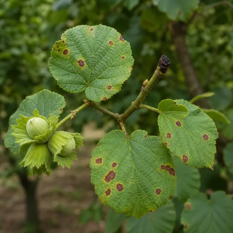 Representación editorial de síntomas compatibles con Xanthomonas arboricola pv. corylina en avellano