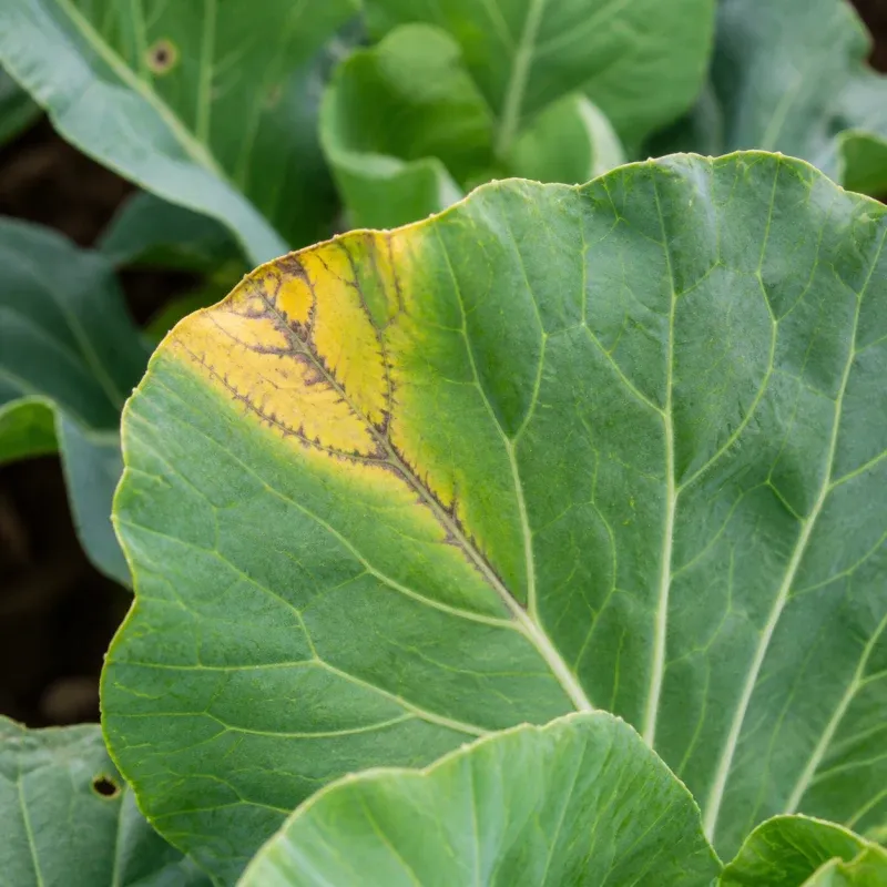 Representación editorial de síntomas compatibles con Xanthomonas campestris pv. campestris en col