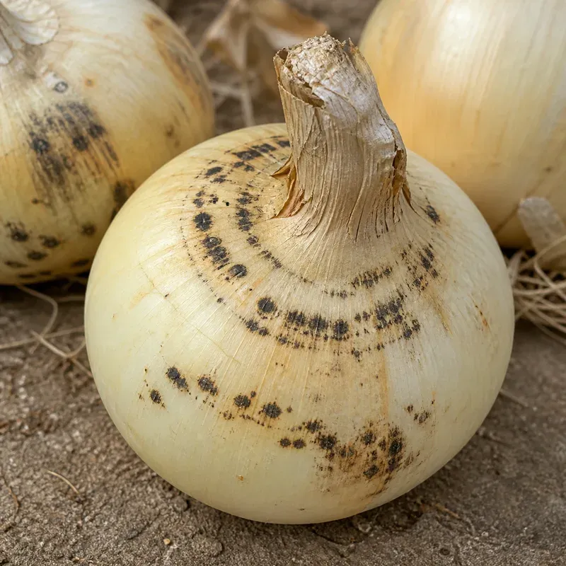 Representación editorial de síntomas compatibles con antracnosis de la cebolla